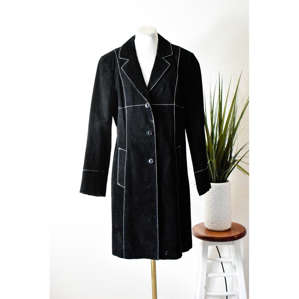 Wilsons Leather Trench Coat Women Large Black Y2K Suede Contrast Stitching